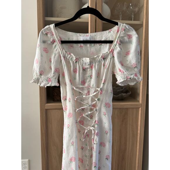 SLEEPER MARQUISE LINEN Midi DRESS IN ROSES Small Corset Lace Up Slit - Picture 3 of 10